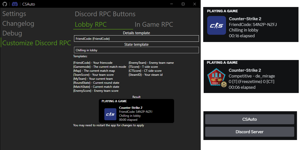 Discord RPC settings and example